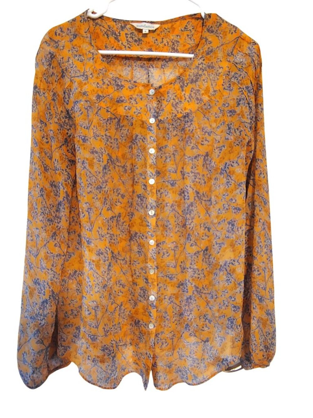 Sundance Small 100% Silk Blouse, Goldenrod Orange/Yellow Gray Abstract Floral